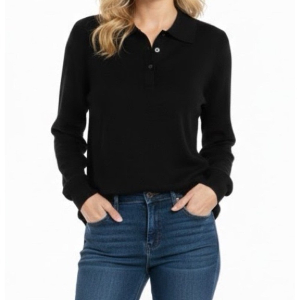 J Crew Factory Merino Blend Polo Sweater  Black Long Sleeve size M CN048‎